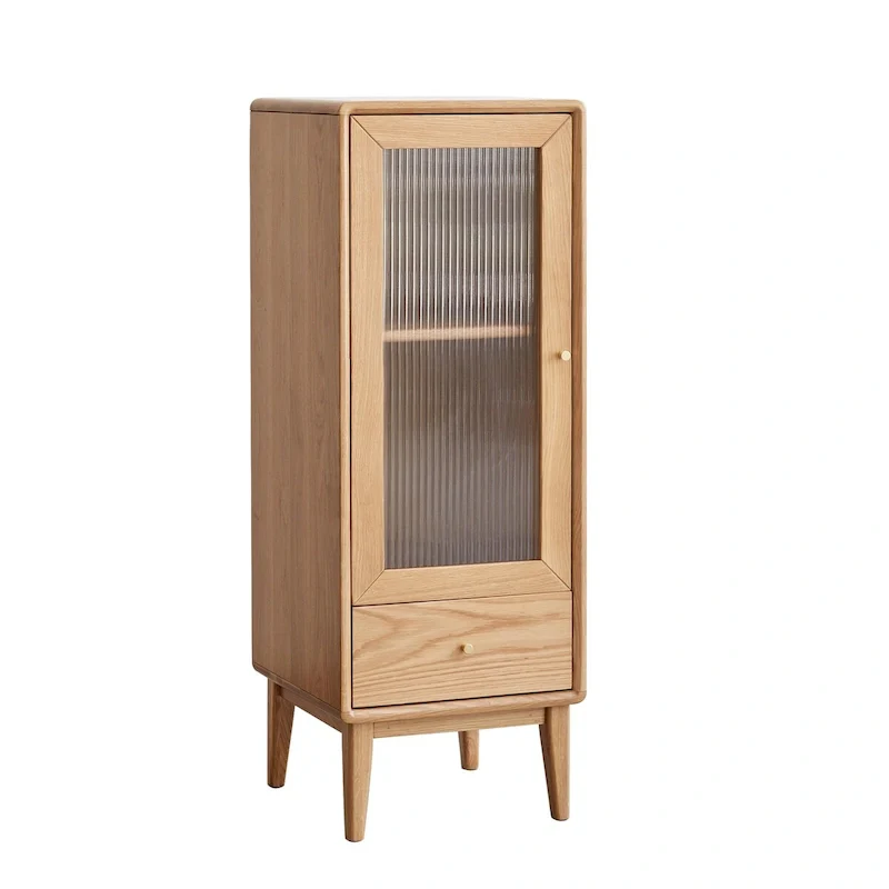 Brown, Free-Standing Corner Cabinet with Vintage Glass Door, 2 Shelves & 1 Drawer, Single