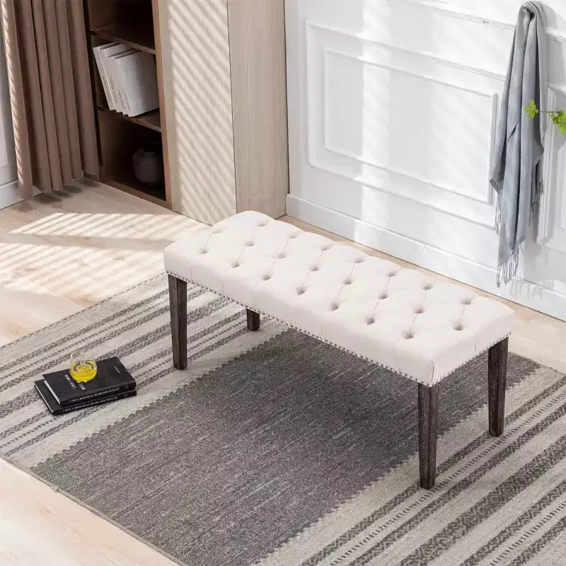 EHMKNP Elegant Upholstered Tufted Velvet Bench  Decorative Dining Bench, Bedroom Accent Stool, Entryway Seating with Wooden Legs