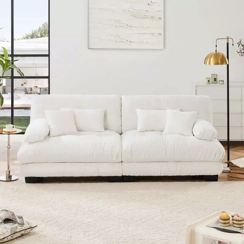 2 Seater Sofa with 2 Lumbar Pillows and 2 Throw Pillows for Living Room White