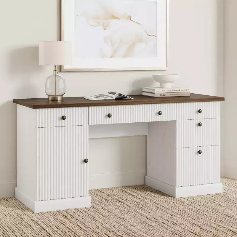 60 Modern Executive Desk with Charging Station & File Drawers, Fluted Wooden Home Office Desk with Storage for Study Room, Computer Writing Desk
