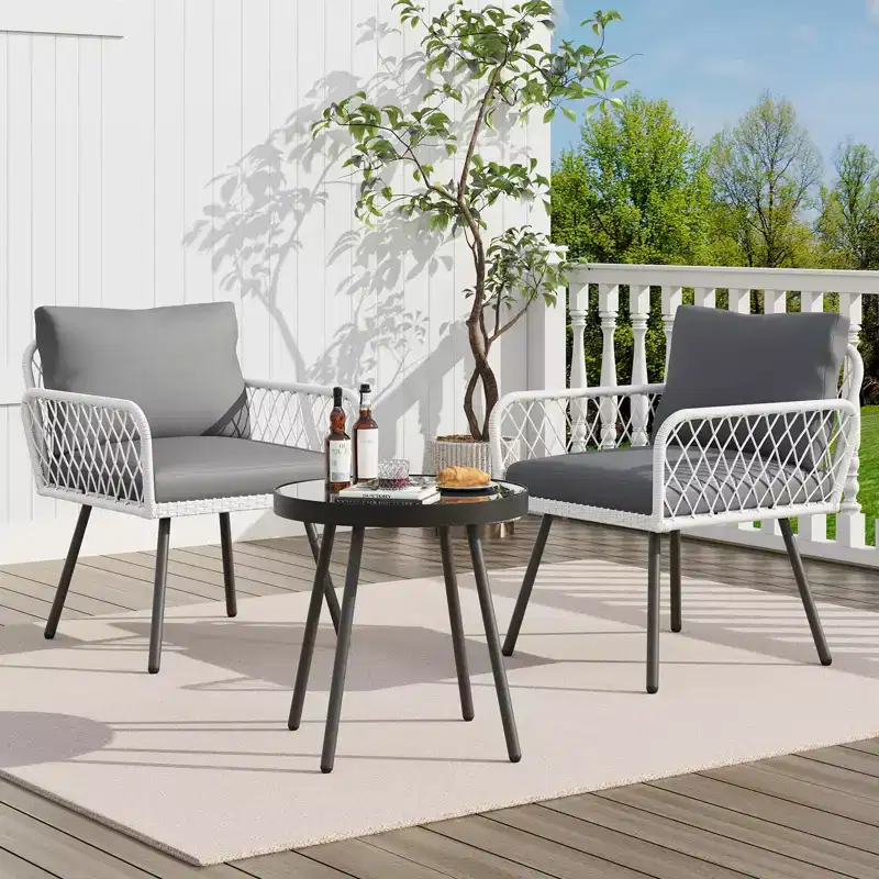 TROPOW 3-Piece Grey Outdoor Patio Furniture Set C L-Shaped Rattan Sofa with Coffee Table & Cushions for Garden/Balcony (Boho Style)