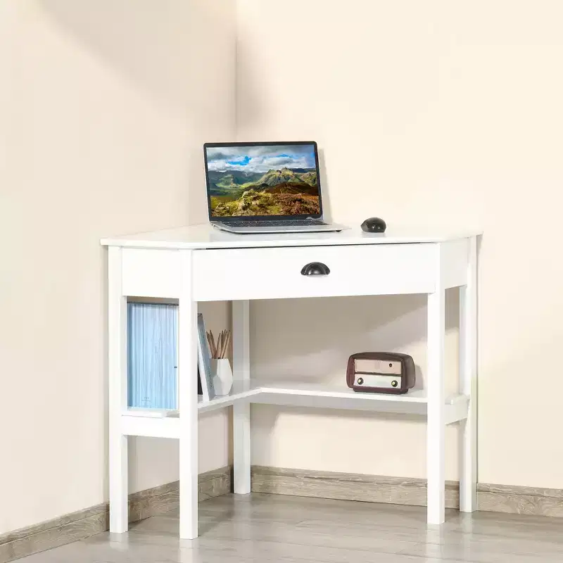GDFStudio Gabriel Modern Corner Computer Desk with Drawer and Lower Shelves