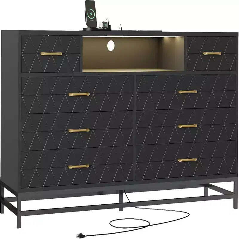 Zstar Modern 8-Drawer Dresser with Built-in USB and AC Charging Stations, LED Lights, Black