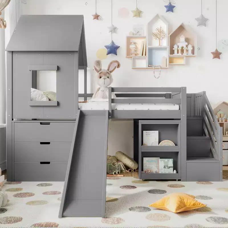 Twin Size House-Style Loft Bed with Slide, 3 Drawers & Retractable Desk