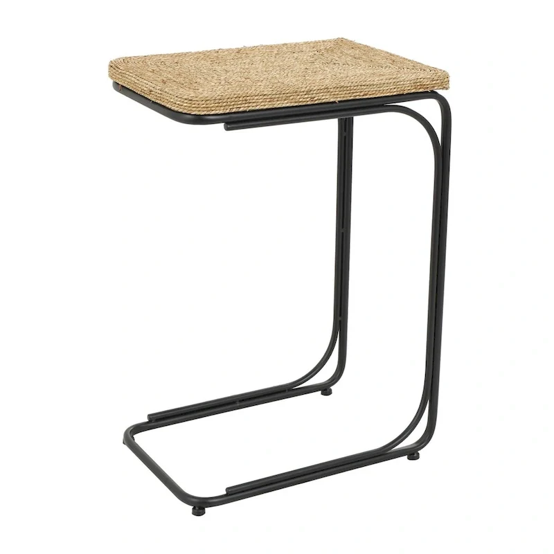 Handmade Coiled Dried Plant Side Accent Table with Black Metal Legs - Brown