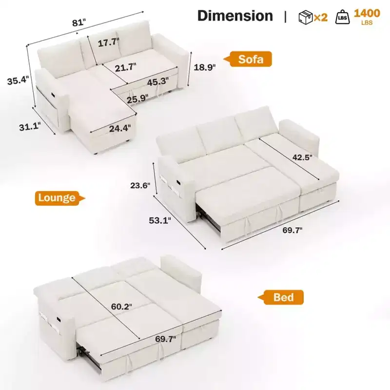 2 in 1 Pull Out Sleeper Sofa with Storage Chaise Chenille Sectional Couch with USB Ports for Living Room