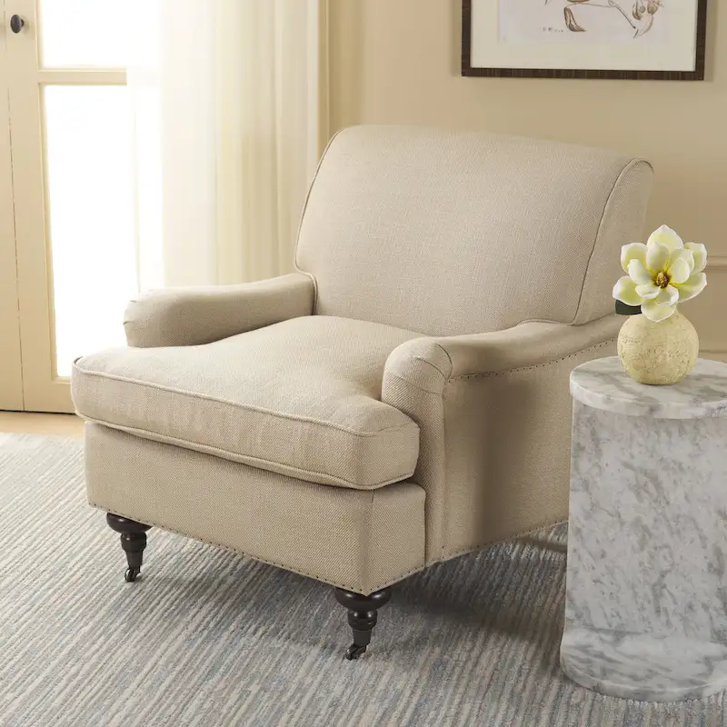 Transitional Club Chair with Birch Wood Legs on Casters, Nailhead Trim & Linen Cushions, Espresso