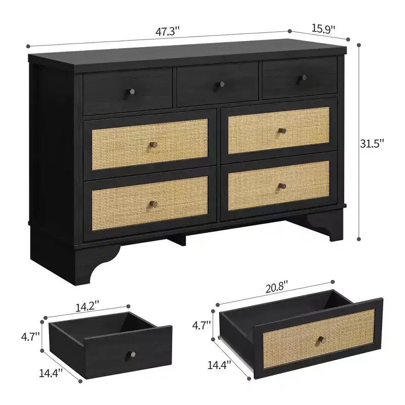 7 Drawer Dresser for Bedroom, 47.3 Wide Natural Rattan Chest of Drawers, Wood Boho Clothing Storage Organizer, for Living Room
