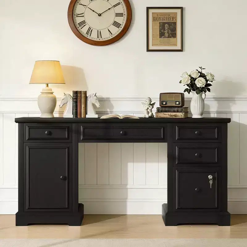 Dyonery 60 Farmhouse Computer Desk with Charging Station  Executive Writing Desk with Drawer & Storage Cabinet for Home Office, Rustic Wood