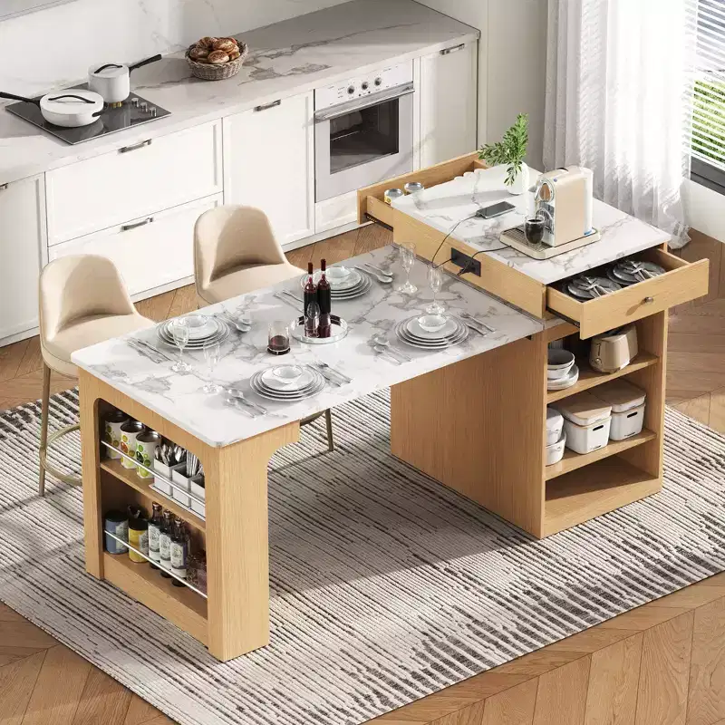 59.5-Inch Kitchen Island with Extendable Dining Table, Double-Sided Storage, Power Outlet and Open Shelves, Natural