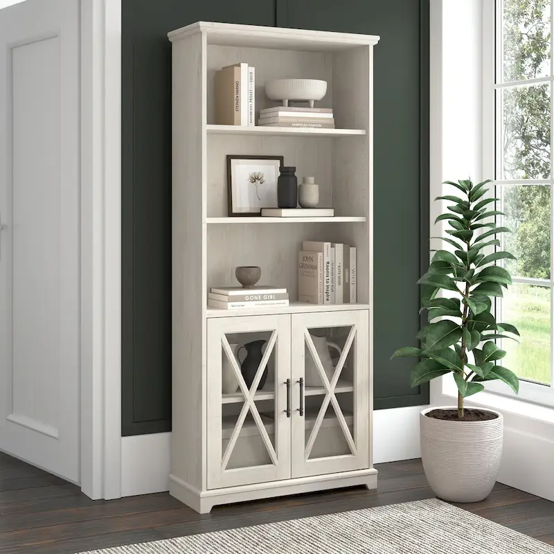 Farmhouse 5 Shelf Bookcase with Glass Doors