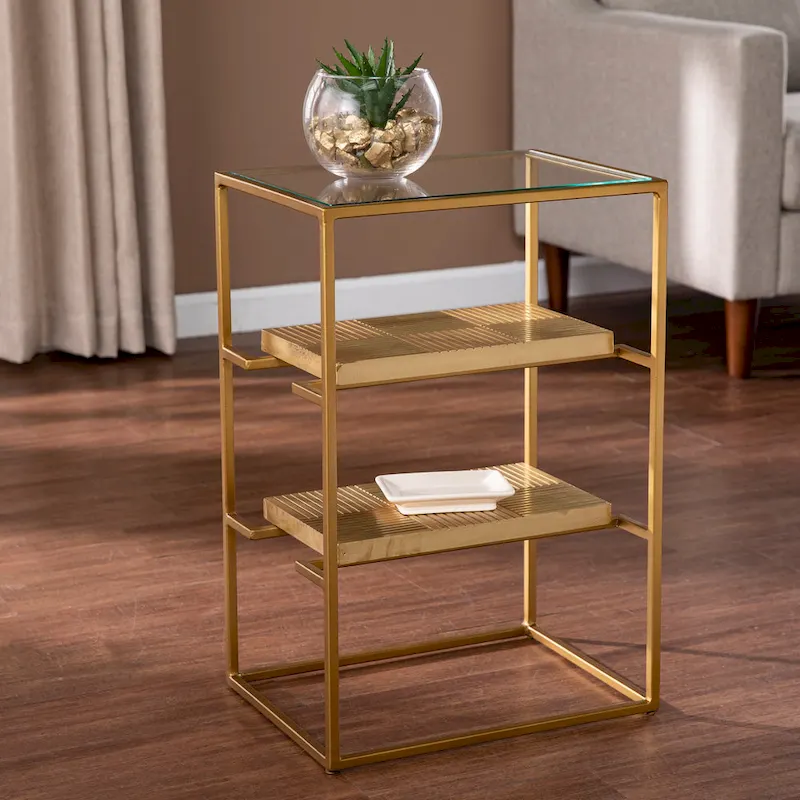 Brass Textured 3-Tier Accent Side Table with Glass Top and Open Shelves for 1 Person