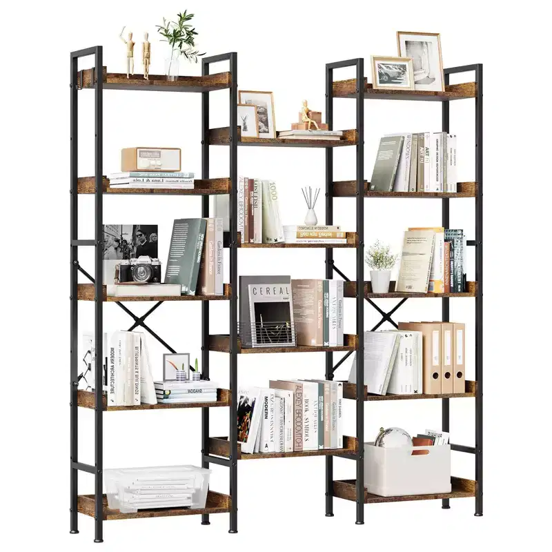 GustoWave Triple 5-Tier Bookshelf, 14-Shelf Industrial Bookcase with Divisible Design, 55lb per Shelf, for Home Office, Brown
