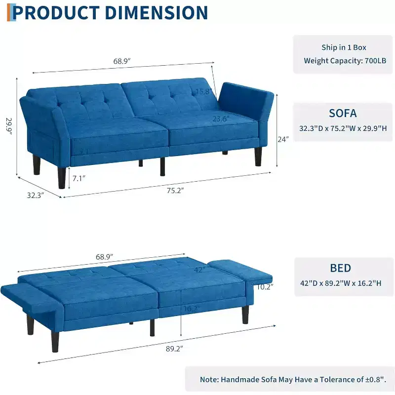 89-Inch Convertible Sleeper Sofa with Adjustable Backrest and Armrest