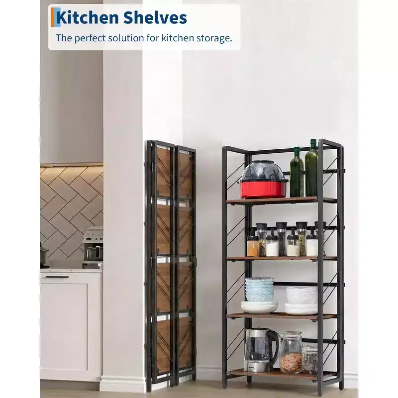 Folding Bookshelf - 4-Tier Vintage Office Bookcase - No-Assembly - Sturdy Black Frame & Brown Wood