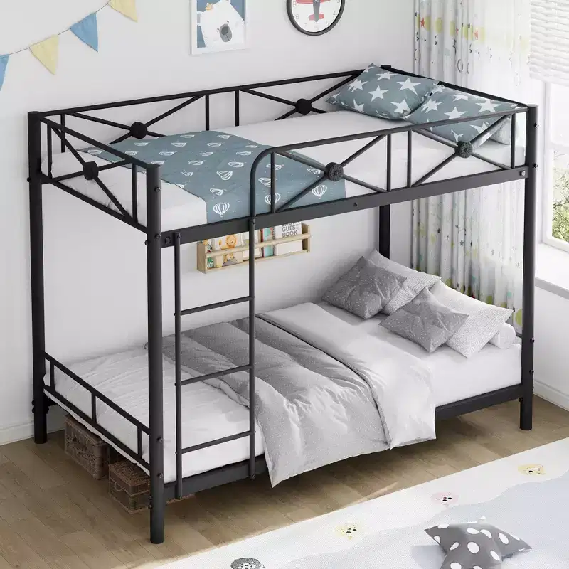 Twin Over Twin Metal Bunk Bed with Floral Design & Safety Guardrail
