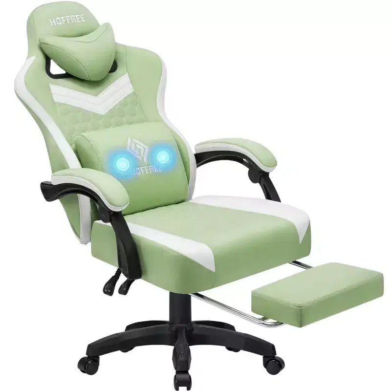 Breathable Fabric Massage Gaming Chair, Ergonomic Office PC Chair with Footrest & Adjustable Lumbar