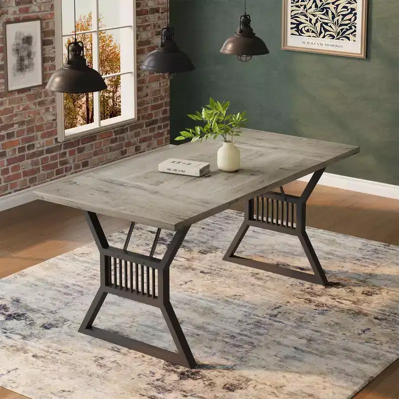 TROPOW 70.8 Inch Dining Table 4-6 Person, Kitchen Table with Heavy Duty Metal Legs, Farmhouse Wooden Dining Room Table, Living Room.Gray+ Black