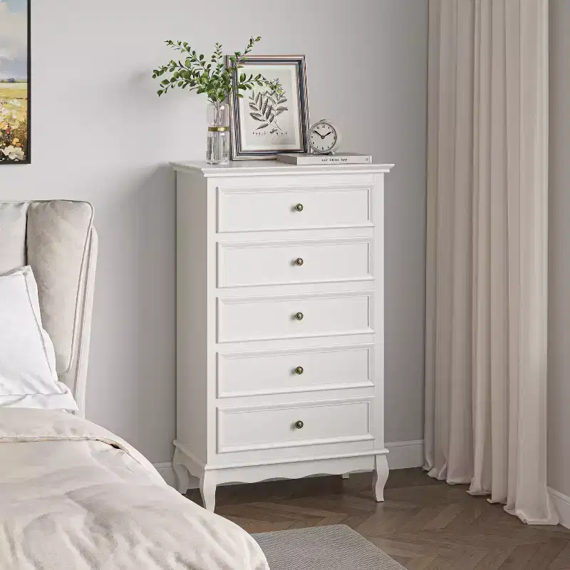 Heynemo Dresser for Bedroom, Modern 5 Drawer Dresser with Solid Wood Legs and Painted Finish, Ideal for Living Room, Nursery, Hallway, Entryway,