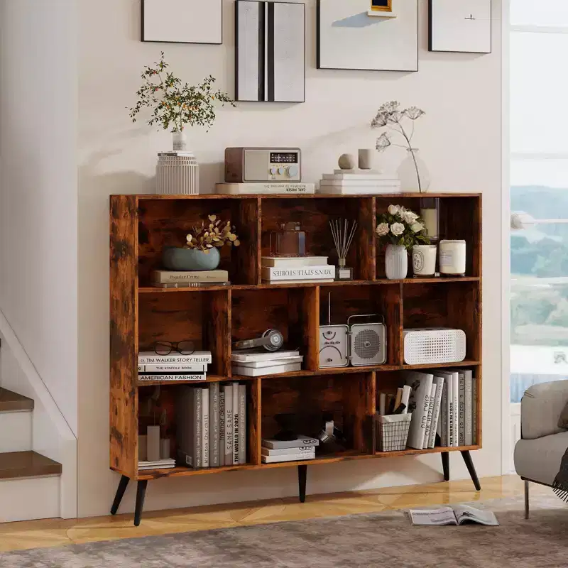 Modern 10-Cube Storage Bookshelf, 3-Tier Open Display Organizer with Reinforced Metal Base for Living Room and Home Office