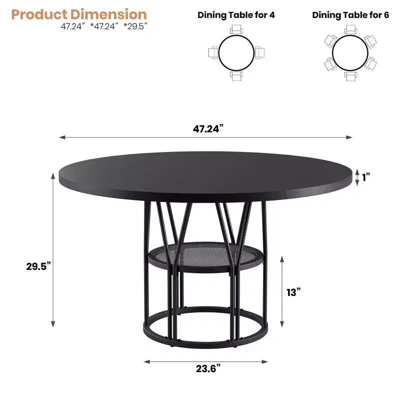 Coolmee 47 Round Dining Table with Storage, Modern Kitchen Table for 4-6, Metal Frame Circle Dinner Table for Small Space, Apartment, Living Room